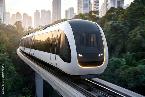 modern train gliding through lush urban landscape at sunset