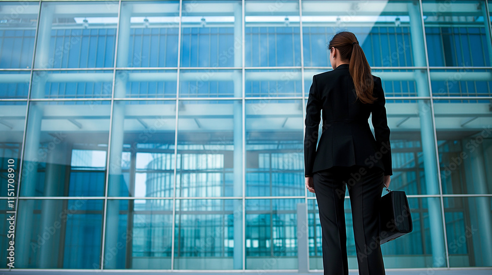 Fototapeta premium Businesswoman stands before a modern glass building