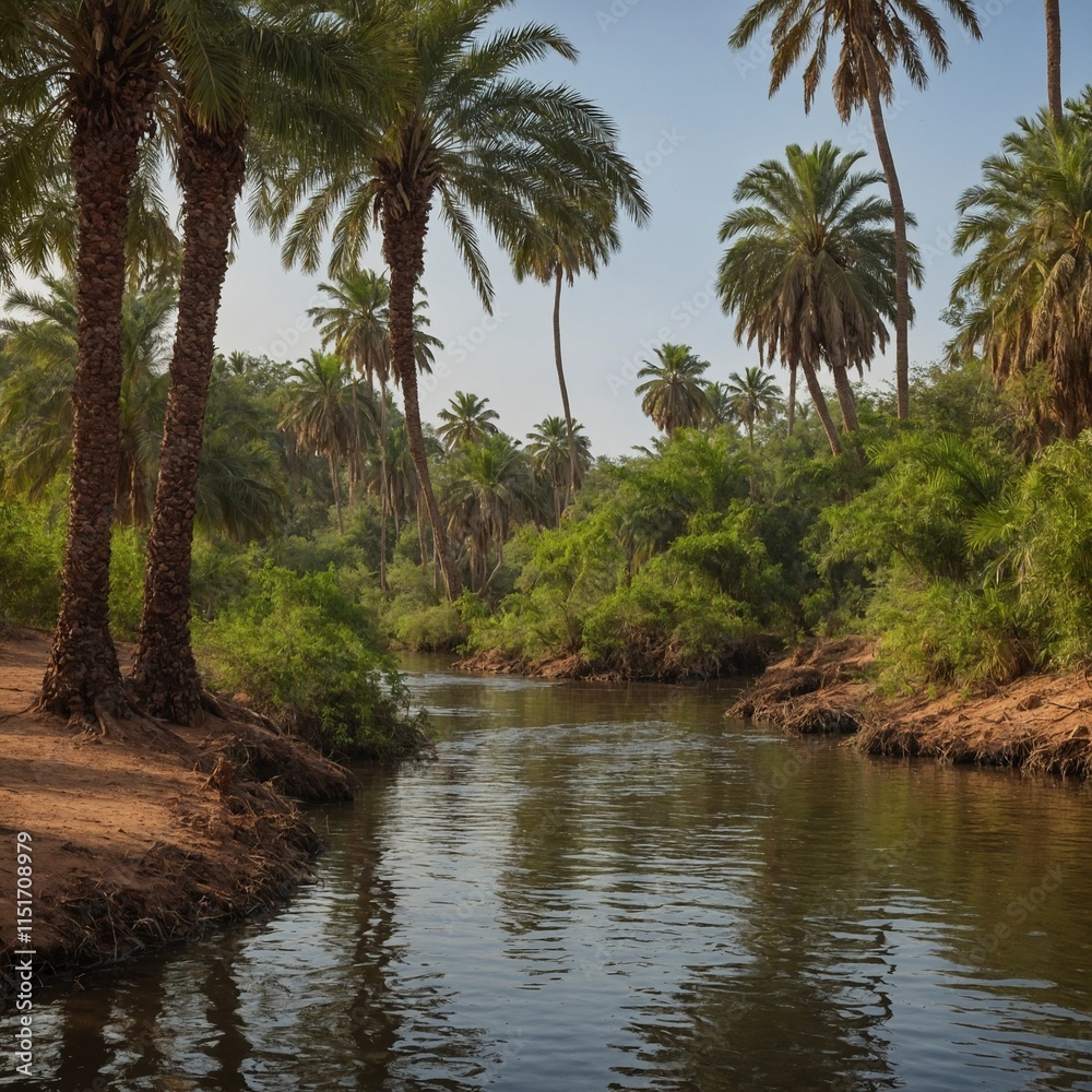 A peaceful riverbank lined with tamarind and date palms.
A peaceful riverbank lined with tamarind and date palms.