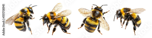 Bee from different sides. Insect that pollinates flowers. Beekeeping, honey bees. Isolated set on white and transparent background photo