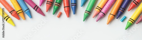 Colorful Crayons Arranged in a Row on a White Background Perfect for Creative Projects and Educational Purposes
