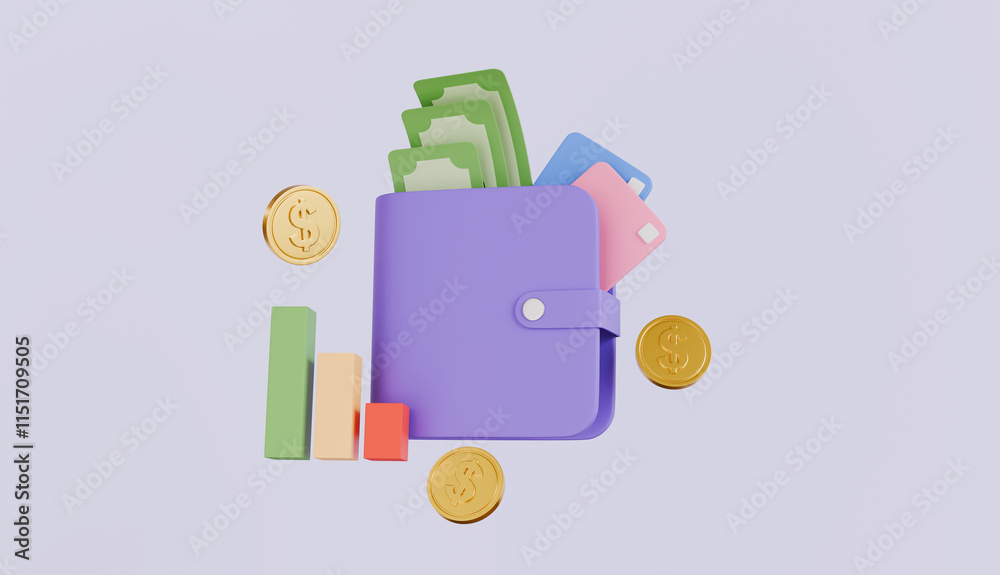 Wallet with credit card and payment money online, digital wallet, saving money, dollar coin and banknotes floating