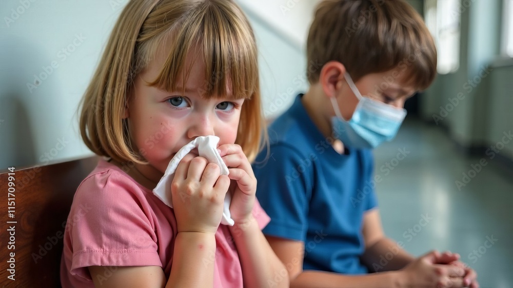Little girl with flu sits on bench and blows her nose into handkerchief Little girl with flu sits on bench and blows her nose into handkerchief