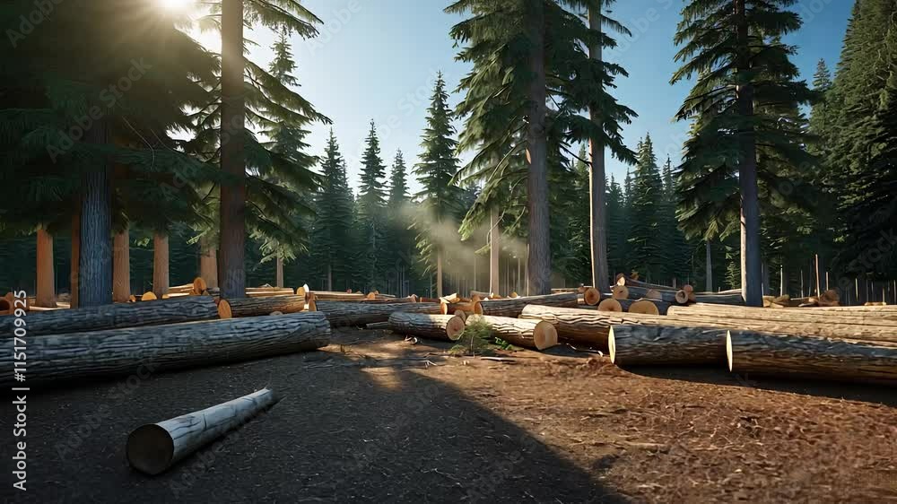 Sunlit Forest Clearing with Fallen Logs and Pine Trees in a Scenic Logging Area
Sunlit Forest Clearing with Fallen Logs and Pine Trees in a Scenic Logging Area