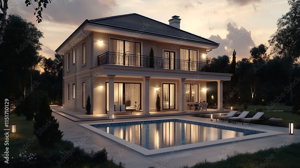 Obraz premium Elegant house with a swimming pool in a modern architectural style