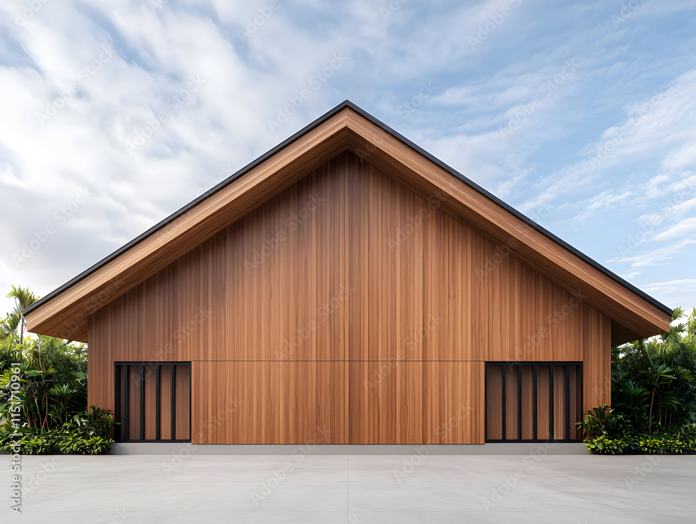 Modern wooden house with sloped roof and lush greenery surrounding it Modern wooden house with sloped roof and lush greenery surrounding it