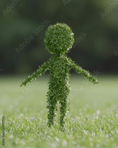 whimsical figure made of leaves stands on lush grass, symbolizing nature photo