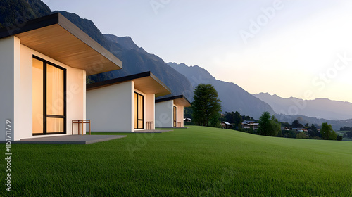 Modern houses on green hillside with mountains in background at sunset