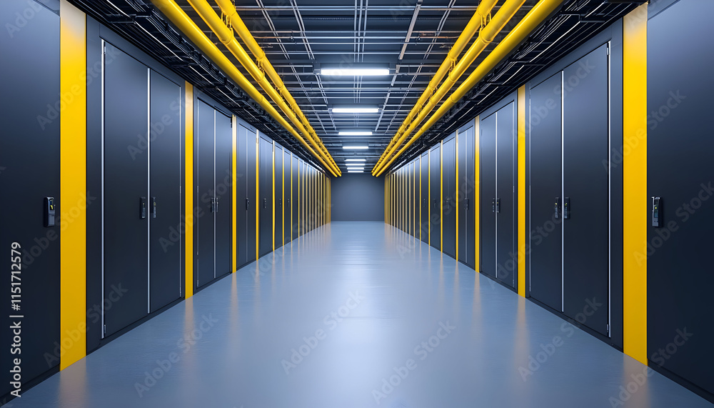 Fototapeta premium Modern data center corridor with yellow accents and server racks