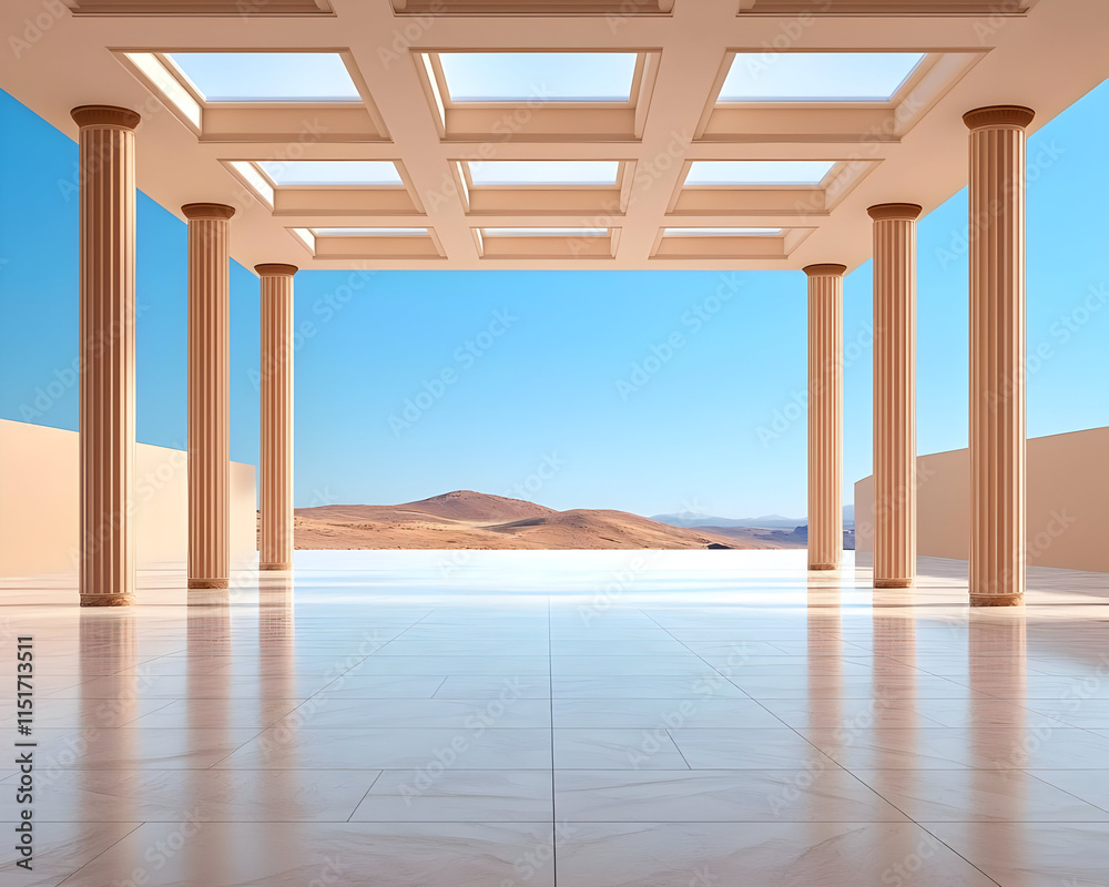 Fototapeta premium spacious architectural interior with columns and desert view