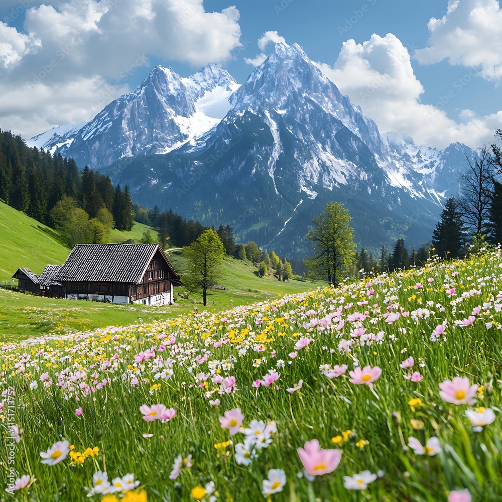 a field of flowers with a house in the background a field of flowers with a house in the background