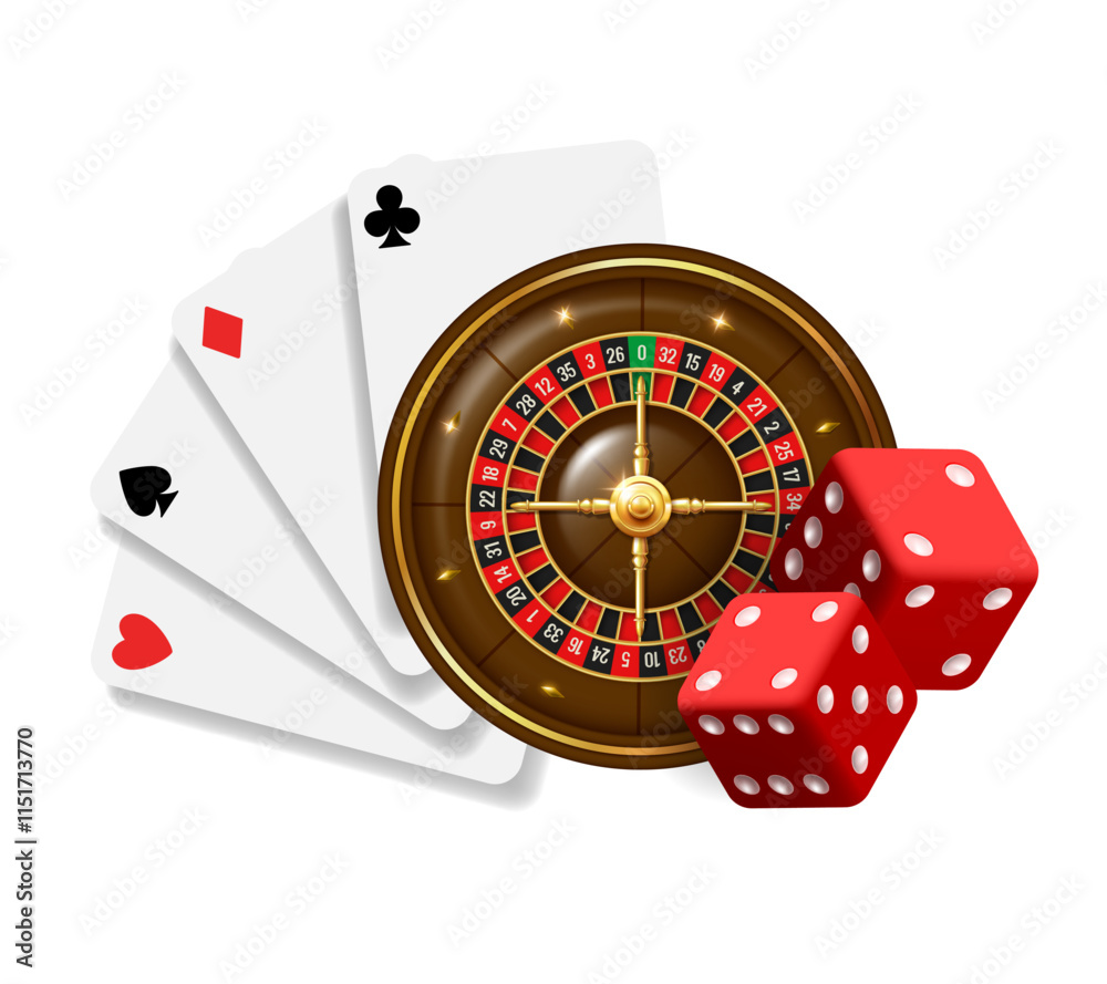 Casino illustration. Roulette, cards and dice. Vector composition isolated on white background. Casino illustration. Roulette, cards and dice. Vector composition isolated on white background.
