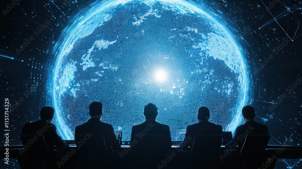 Naklejka premium Futuristic Command Center with Diverse Analysts Observing Data and Insights
