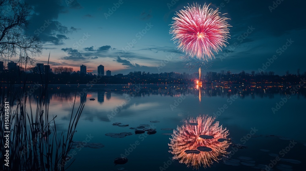 Traditional Chinese Fireworks Display Reflection at Dusk Traditional Chinese Fireworks Display Reflection at Dusk