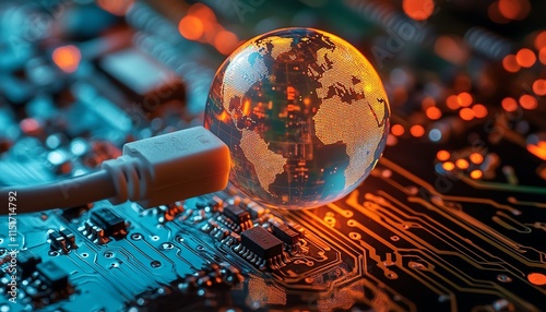 A network cable plugged into a luminous globe against a circuit board background, representing the global exchange of data and internet connectivity photo