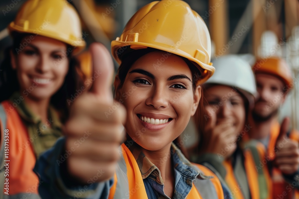 A smiling construction worker gives a thumbs-up in a team environment, showcasing enthusiasm and teamwork.