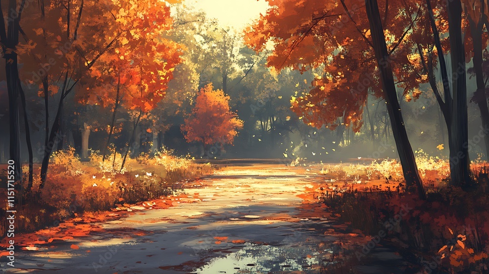 A Pathway Through an Autumnal Forest with Falling Leaves A Pathway Through an Autumnal Forest with Falling Leaves