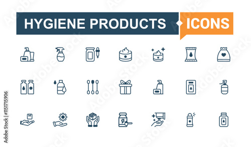 Hygiene Products icon pack. Includes thin line shampoo, cosmetic, care, woman, sun, serum, beauty and more. Minimalistic icon. Editable vector icon and illustration.