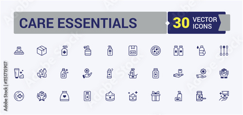 Care Essentials linear icon collection. It contains symbols to sun, oil, wash, foam, lip, care, dermatology, hair. Symbol. Editable vector icon and illustration.
