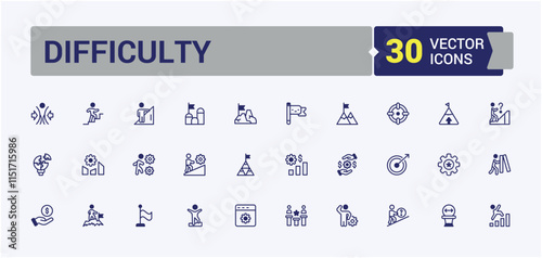 Difficulty icon set. Includes icons for skill, person, career, target, leadership, team, motivation and more. Simple icon designs. Editable vector icon and illustration.