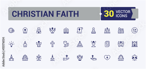 Christian Faith line icons set. Containing christian, belief, jesus, religion, catholic, holy, god and more. Collection for mobile and web apps. Vector illustration in modern line style.