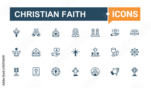 Christian Faith vector line icon set. It contains symbols to easter, religion, christ, crucifix, god and more. Web icons. Solid line editable stroke.