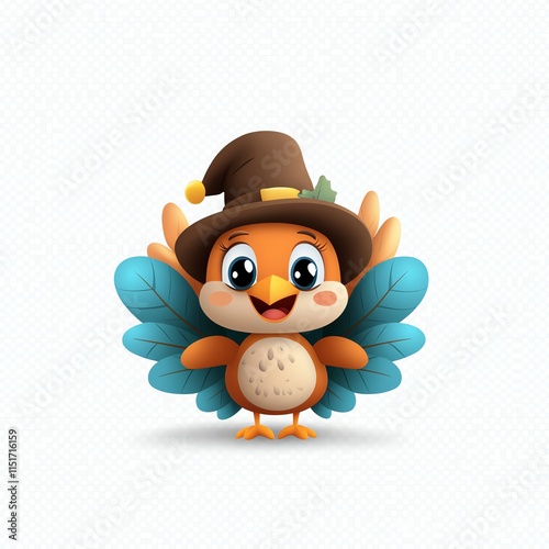 Cute cartoon owl wearing a wizard hat with blue wings and a cheerful expression, isolated on white background. photo