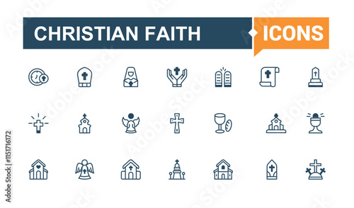 Christian Faith vector line icon set. It contains symbols to easter, religion, christ, crucifix, god and more. Web icons. Solid line editable stroke.