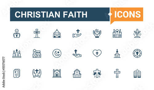 Christian Faith vector line icon set. It contains symbols to easter, religion, christ, crucifix, god and more. Web icons. Solid line editable stroke.