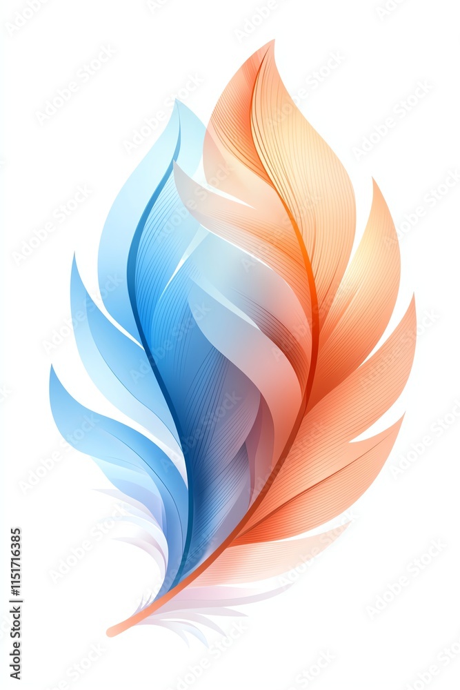 Abstract feather design with vibrant blue and orange hues, isolated on a white background. Abstract feather design with vibrant blue and orange hues, isolated on a white background.