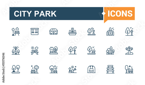 Set of City Park line icons. Contains related to style, wc, building, transport, element, bench, landscape, house. Thin linear style icons. Outline and solid pictogram. photo