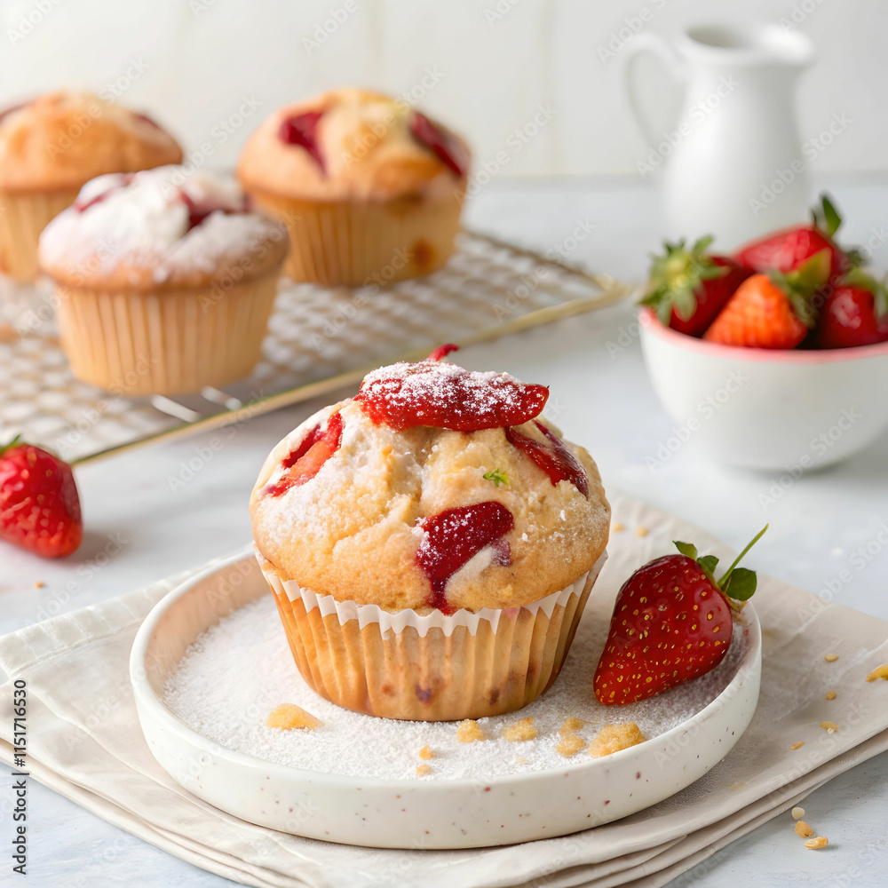 A delicious strawberry muffin, soft and moist, bursting with fresh strawberries, A delicious strawberry muffin, soft and moist, bursting with fresh strawberries,