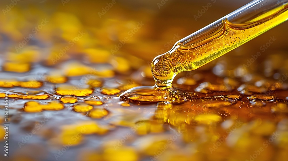 A close-up of a scientist carefully extracting cannabis oil with a precision dropper in a sterile lab environment Stock Photo with side copy space A close-up of a scientist carefully extracting cannabis oil with a precision dropper in a sterile lab environment Stock Photo with side copy space