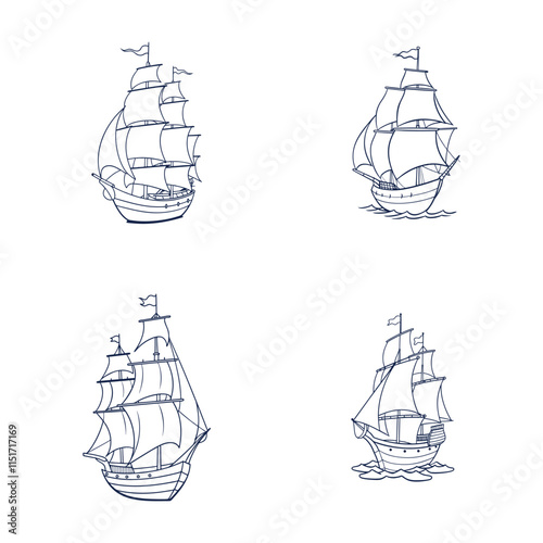 Ship with sail Line art