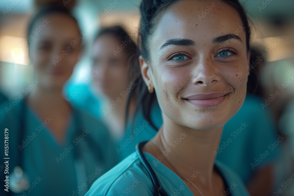 Fototapeta premium A smiling healthcare professional in scrubs, showcasing compassion and dedication in a hospital environment.