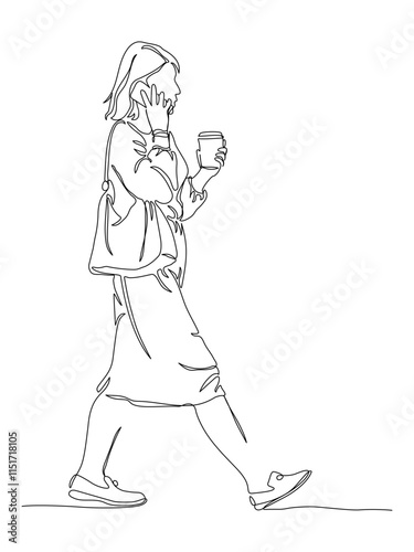 Woman talking on the phone holding drink and walking. Side view. Continuous line drawing. Black and white vector illustration in line art style.