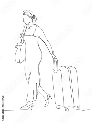 Woman in long dress with suitcase and bag walking. Travel. Continuous line drawing. Black and white vector illustration in line art style.