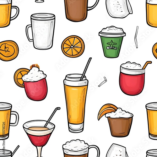 Colorful Beverage Illustrations - Drinks and Cups Pattern, Generative AI. photo