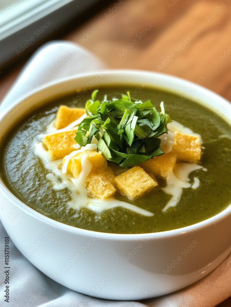 Schi soup with a vibrant green garnish, warm colors, and soft natural light, cozy home-cooked setting Schi soup with a vibrant green garnish, warm colors, and soft natural light, cozy home-cooked setting