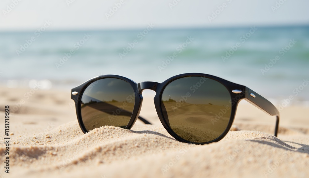 Sunglasses on sandy beach, relaxing summer mood, sea and horizon background Sunglasses on sandy beach, relaxing summer mood, sea and horizon background