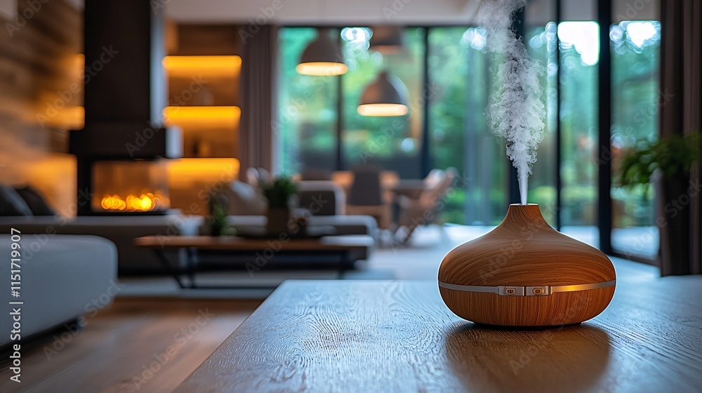 A cozy living room setting with a diffuser emitting a calming aroma of cannabis extract placed on a coffee table Stock Photo with side copy space A cozy living room setting with a diffuser emitting a calming aroma of cannabis extract placed on a coffee table Stock Photo with side copy space