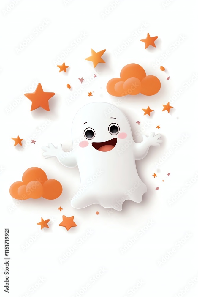Obraz premium Cute cartoon ghost surrounded by orange stars and clouds, set against a white background. Perfect for Halloween themed designs and playful decorations.