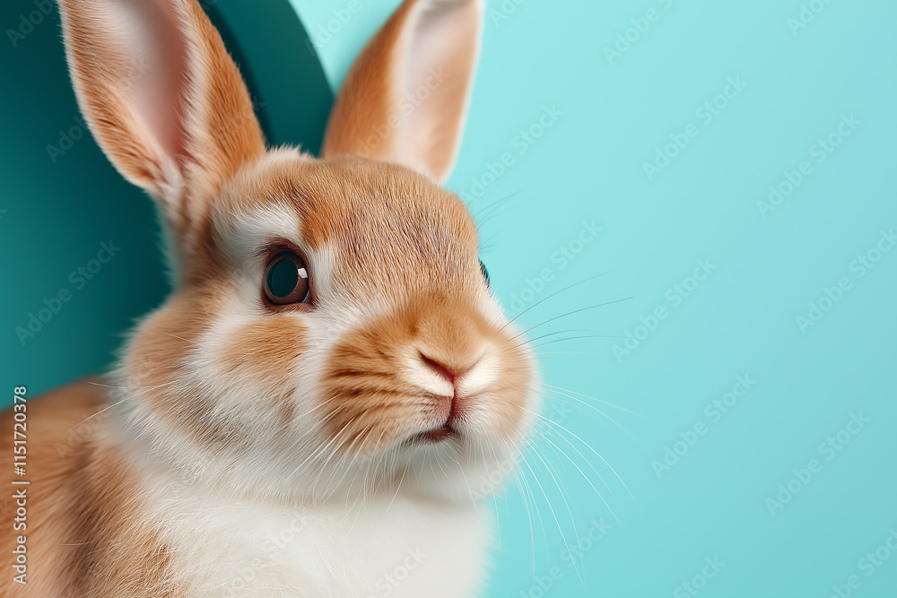 Fototapeta premium Adorable Orange and White Bunny Close-Up Shot Against a Teal Background