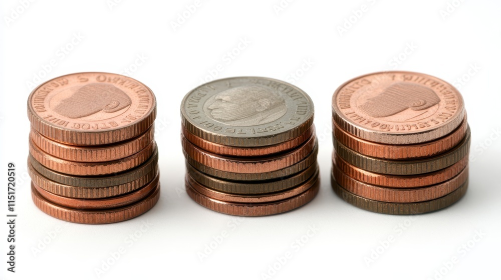 Stacked coins in three groups showcase different denominations, highlighting currency and financial themes. Stacked coins in three groups showcase different denominations, highlighting currency and financial themes.