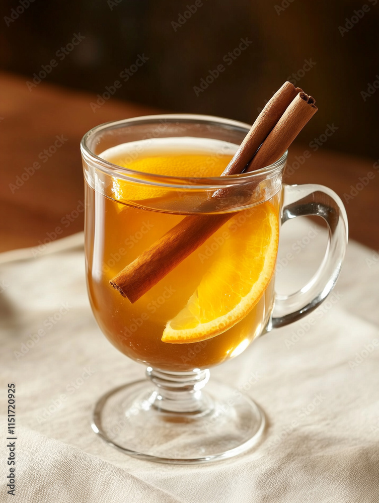 Warm mulled wine in a glass mug, garnished with cinnamon stick and orange slice, cozy winter setting Warm mulled wine in a glass mug, garnished with cinnamon stick and orange slice, cozy winter setting