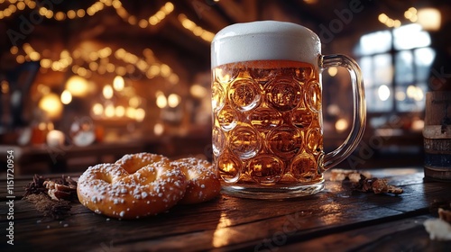 a beer and a donut on a table photo