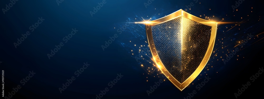 Fototapeta premium Golden metal shield with a mesh texture on a dark blue background, vector illustration, flat design