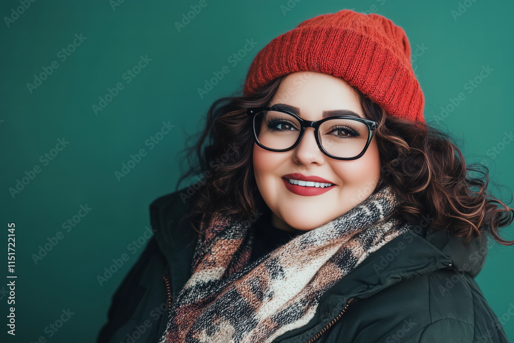 Portrait of attractive smiling plus size middle age trendy woman with curly hair wearing glasses Portrait of attractive smiling plus size middle age trendy woman with curly hair wearing glasses
