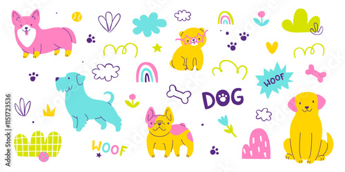 Doodle dogs set. Outdoor vector collection with colorful puppies for kids. Cartoon cute dogs bundle.