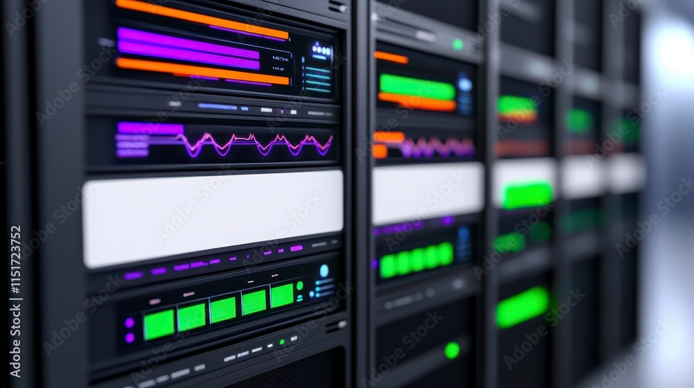A close-up view of modern server racks displaying colorful LED indicators and digital screens, showcasing data status and system performance. A close-up view of modern server racks displaying colorful LED indicators and digital screens, showcasing data status and system performance.